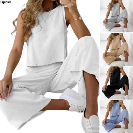 2023 Summer Two Piece Sets Women Sleeveless O-Neck Tank Top Wide Leg Pants Suits Female Casual Cotton Linen Solid Color Outfits - LESSANA