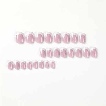 24 pcs Ballet French White Edge Press On Nails - Glue On False Nails for Women, Girls, and Teens with Glue Sticker and Nails File - Short Coffin Fake Nails for a Natural Look - LESSANA