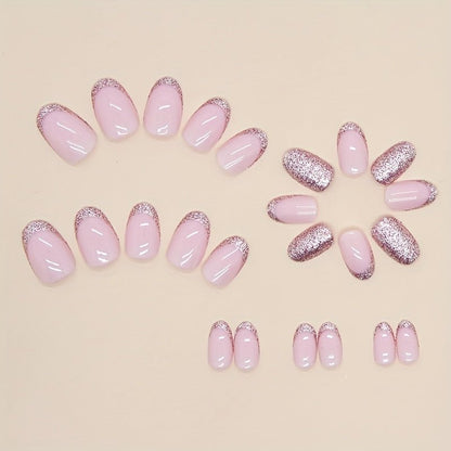 24pcs Pink French Tip Press On Nails Short Almond Fake Nails Glossy Full Cover Pink Glitter Powder Stick On Nails False Nails For Women Girls - LESSANA