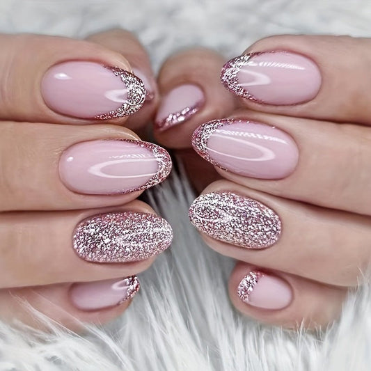 24pcs Pink French Tip Press On Nails Short Almond Fake Nails Glossy Full Cover Pink Glitter Powder Stick On Nails False Nails For Women Girls - LESSANA
