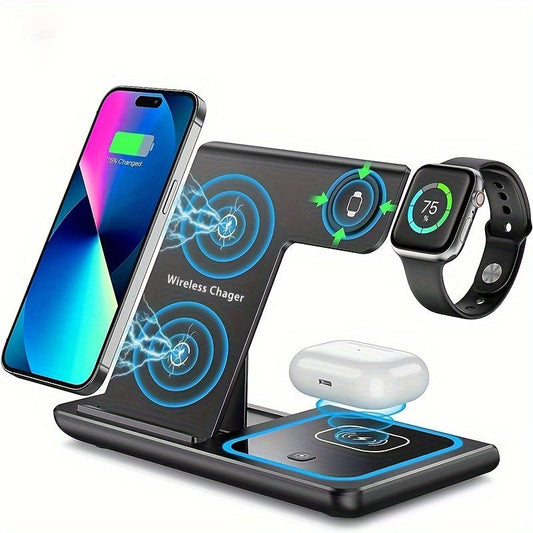 3 In 1 Fast Charging Station, Folding Wireless Charger Stand For IPhone 14,13,12,11/Pro/Max/Mini/Plus, X, XR, XS/Max, SE, 8/Plus, For IWatch 1-8, For Airpods 3/2/Pro - LESSANA