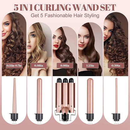 5-in-1 Curling Iron Set Curling Wand with 3 Barrel Hair Crimper Iron and Interchangeable 4 Curling Irons, Dual Voltage Hair Wave - LESSANA