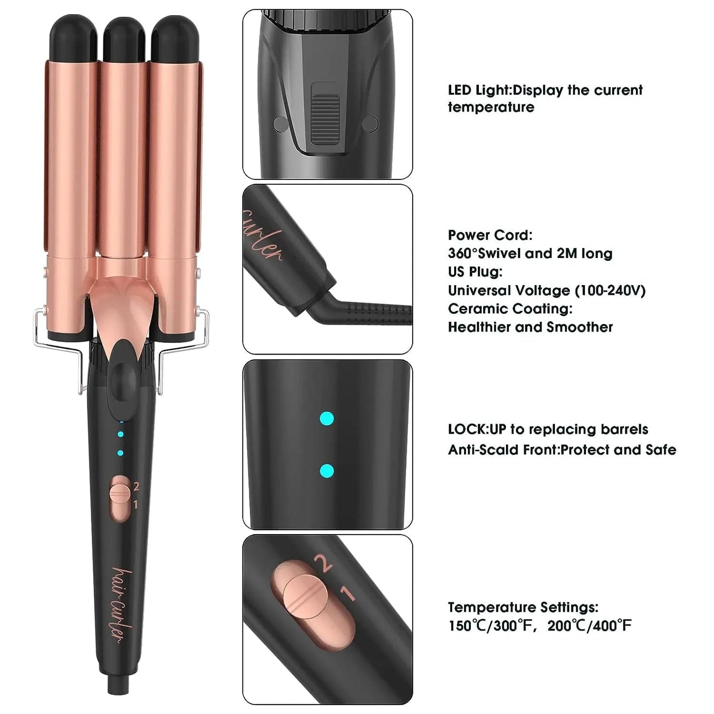 5 in 1 Hair Curling Wand Set Curling Iron with Interchangeable Barrels and Wave Curling Iron, Fast Heating Wand Curler - LESSANA