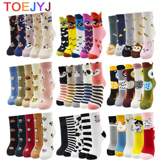 5 Pairs New Fashion Colorful Harajuku Korean Kawaii Cute Women Socks Cat Dog Owl Stripe Avocado Girl Cotton Cartoon Socks - LESSANA