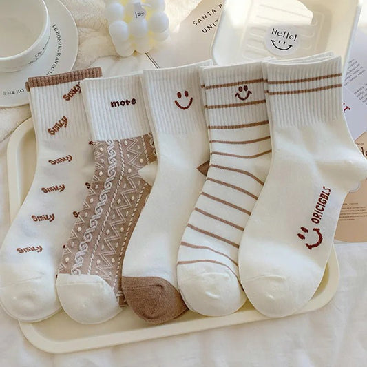 5 Pairs Of Spring And Autumn Socks Set Japanese Women's Medium Tube Socks Casual And Cute Smiling Pure Cotton Socks - LESSANA