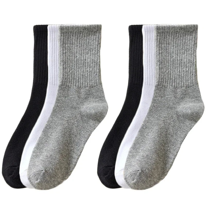 6pairs Simple Cotton Socks Women Autumn Winter Soft Breathable Stripe Solid Black White Sport Middle Tube Sock Deodorant Socks - LESSANA