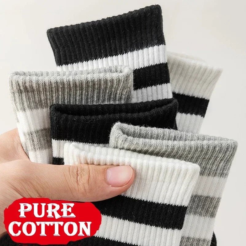 6pairs Simple Cotton Socks Women Autumn Winter Soft Breathable Stripe Solid Black White Sport Middle Tube Sock Deodorant Socks - LESSANA