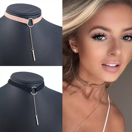 90'S Punk New Fashion 4 Colors Leather Choker Necklace Gold Color Geometry With Round Pendant Collar Necklace For Women Girls - LESSANA
