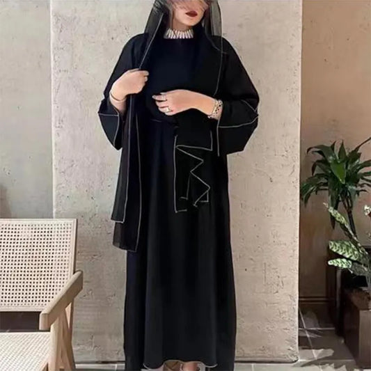 Muslim Open Abaya for Women Dubai Long Dress Four Pieces Muslim Sets Turkey Islamic Stitching Abayas with Belt Hijab