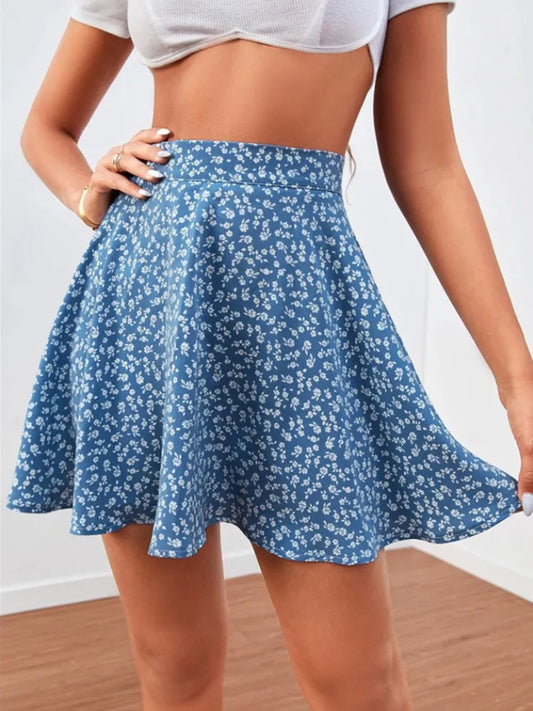 Chiffon Skirt With Y2k Short Summer Mini Sexy Skirts Women Floral Print High Waist Umbrella Ladies Blue Lnvisible Zipper Lining