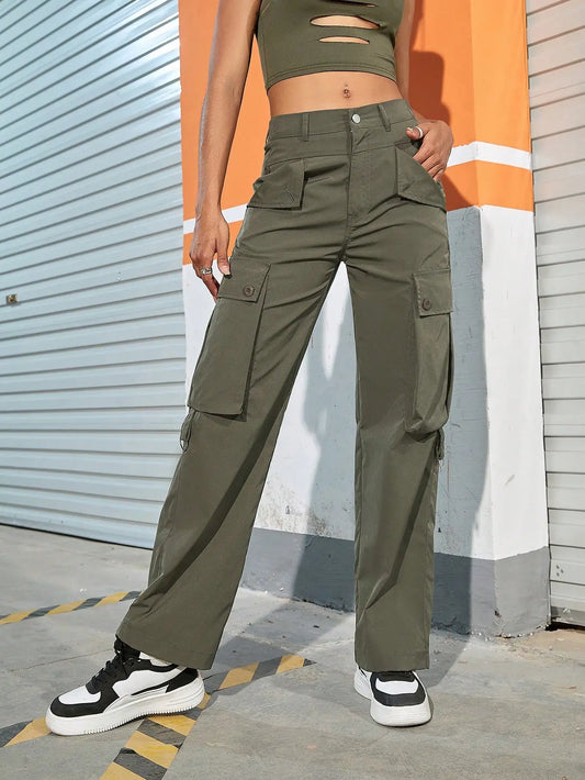 2023 Women Trendy Street Vibe 90s Flap Pocket Side Straight Leg Cargo Pants Technical Wear Parachute Overalls Mujer