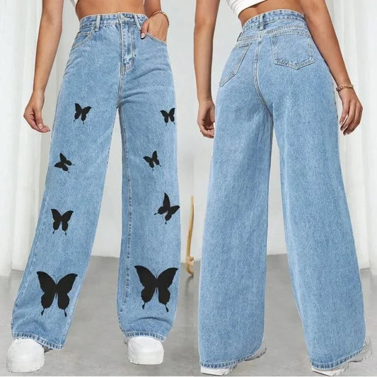 Washed Pockets High Waist Wash Jeans Streetwear Trend Butterfly Print Jeans Women Street Wide Leg Denim Pants Denim Trousers