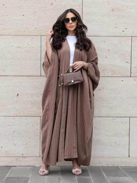 Pleated Open Abaya Pearl Needle Kimono Muslim Women Batwing Sleeves Islamic Clothing Dubai Modest Robe Casual Ramadan Eid Hijabi