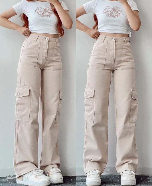 Vintage Straight new style baggy Trousers casual pants waist pocket denim pants summer women's  high waist cargo pants