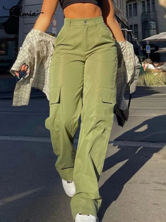 2023 Spring Women Cargo Pant Casual Pockets All-match Long Trousers Back Fashion Elastic Waist Street Pantalones Mujer