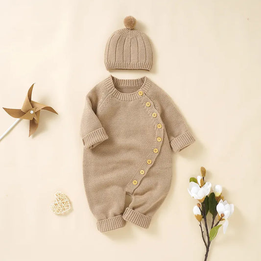 Baby Girls Rompers Clothes Autumn Solid Long Sleeve Knitted Newborn Infant Boys Onesie Hats Outfits Toddler Children Jumpsuits