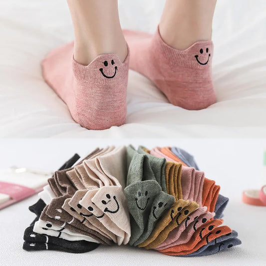 10 Pairs Kawaii Short Socks For Women Spring Summer Lovely Heel Embroidered Smiling Face Female Cotton Personality Ankle Socks
