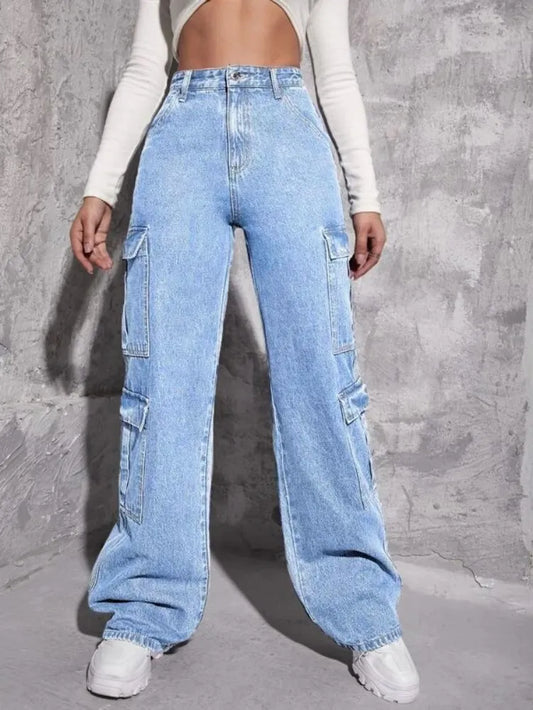 2023 Best Selling Style Women's Jeans Fashion Multi Pocket Loose Denim Straight Leg Pants Casual Female Cargo Jeans XS-L