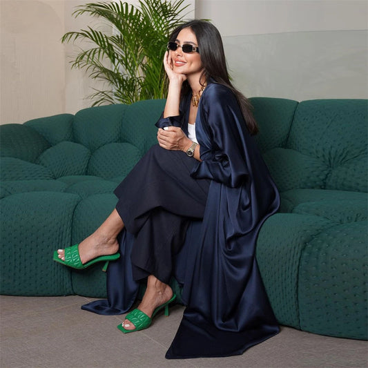Eid Party Moroccan Bat Sleeve Open Abaya Cardigan Silk Satin Women Muslim Maxi Dress Turkey Arabic Kaftan Dubai Long Robe Kaftan