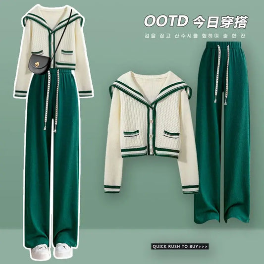Sailor Collar Two Piece Set for Women Knitted Cardigan + Pant Sets Long Sleeve Korean Outfit Tracksuit 2023 New Knit Autumn Suit