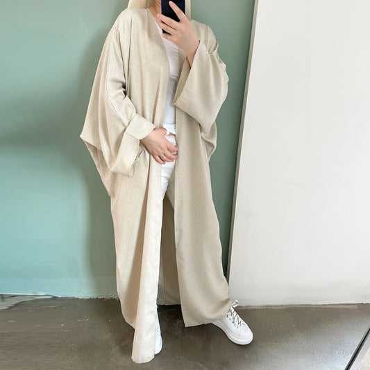 New Solid Fashion Modest Kimono Open Abaya for Women Arab Dubai Turkey Moroccan Cotton Linen Overcoat Outer Garment Autumn