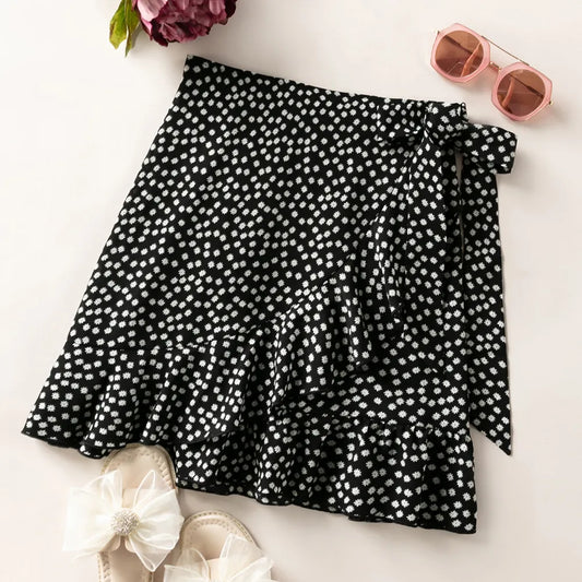 Women's Polka Dots Floral Bow Short Loose Lrregular Ruffled Half Skirt