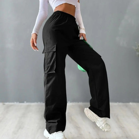 Women Cargo Pants Side Flap Pocket Trousers Solid Color Elastic Waist Wide Leg Female Pants Casual Korean Joggers Sweatpants