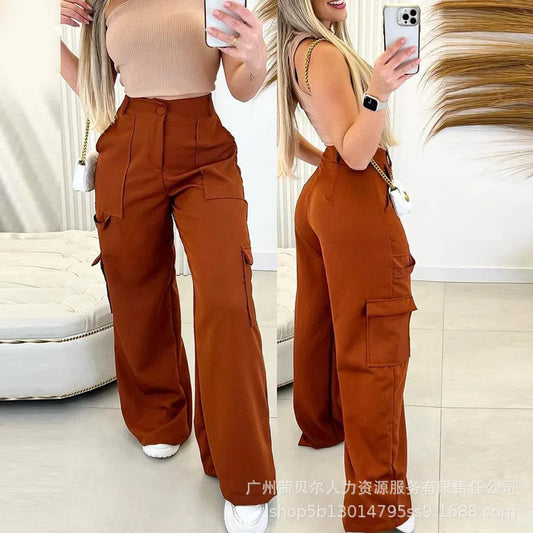 Wepbel Wide Leg Trousers Solid Color Streetwear Fashion Cargo Pants Women Green Casual Patch Pocket High Waist Straight Pants