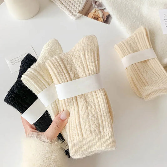 3 Pairs/Lot New Cashmere Wool Socks Women's Winter Thicken Warm Black White Pack Set Thermal Japanese Fashion Solid Color