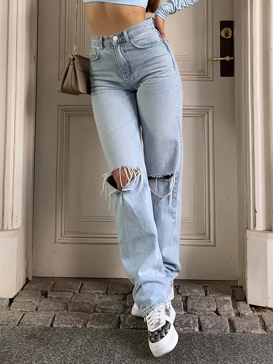 Blue Ripped Holes Straight Jeans, Loose Fit Slant Pockets Non-Stretch Casual Denim Pants, Women's Denim Jeans & Clothing