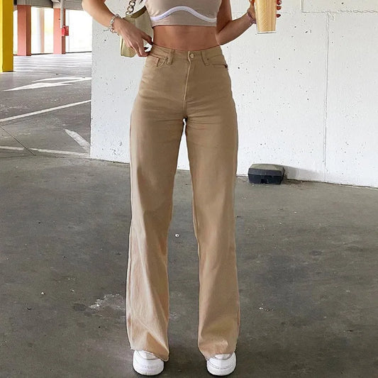 European and American Style Solid Color Jeans for Women Loose and Slim High-waisted Straight Pants for Women Casual Trousers