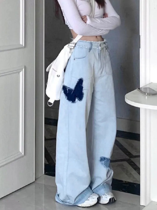 Hippie Blue Baggy Jeans Women Kpop Graphic Denim Pants Oversize Harajuku Streetwear Wide Leg Trousers Patchwork