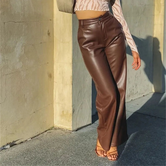 Europe, America, Autumn and Winter PU Leather Slim High Waist Straight Women Elegant Fashion Street women's Leather Pants.