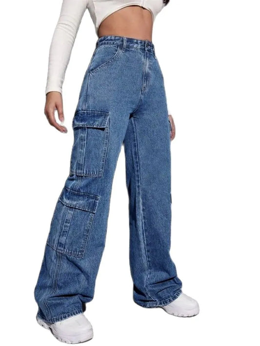 2023 Autumn New Style Women's Cargo Jeans Fashion Loose Denim Straight Leg Pants Street Trendy Trousers XS-L