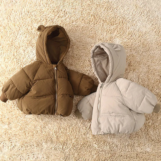 2023 New Baby Coat Winter Thickened Down Jackets Girls Boys Plush Warm Outerwear Childrens Solid Hooded Cotton Parkas Snowsuit