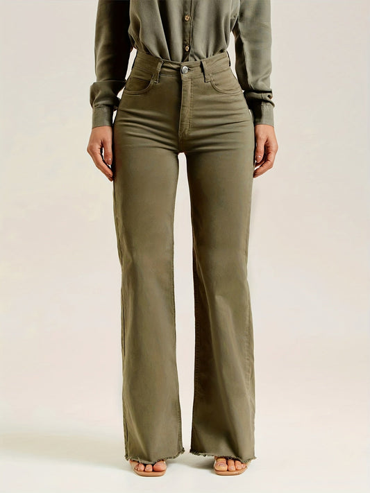Army Green Raw Hem High Strech Jeans, Solid Color Mid Waist Slash Pocket Bootcut Denim Pants, Stylish & Versatile, Women's Denim Jeans & Clothing - LESSANA