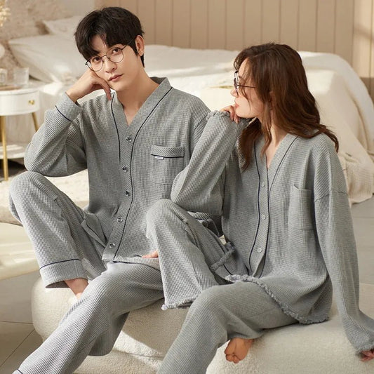 Autumn Couple Pijamas Set For Men Women Cotton Kimono Homewear Man Pjs Female Pijamas Suit Pyjamas Home Clothes Drop Ship - LESSANA