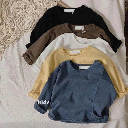 Baby Boys Cotton T-shirts Spring Autumn New Girls Solid Color Kids Tops Long Sleeve Loose Toddlers Children Casual Tees - LESSANA