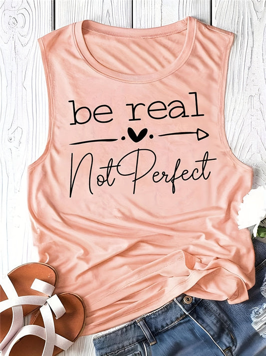 Be Real Letter Print Tank Top, Casual Scoop Neck Sleeveless Tank Top, Women's Clothing - LESSANA