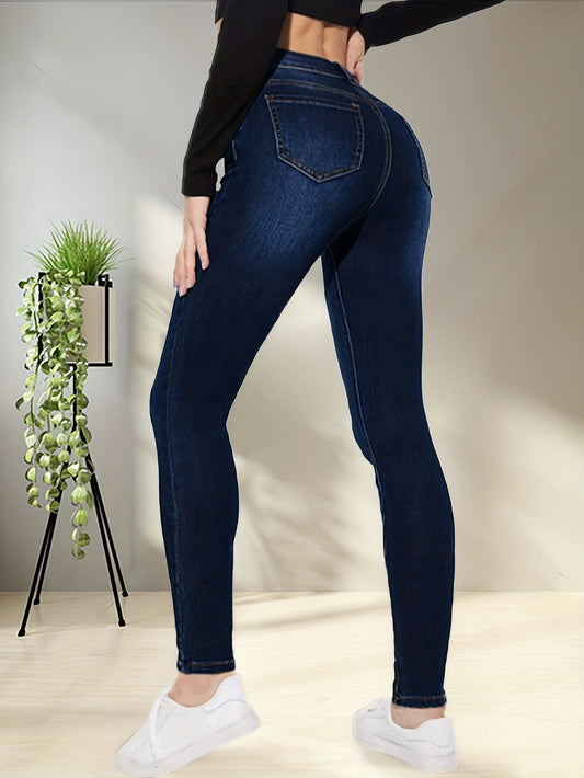 Blue High Stretch Skinny Jeans, Slim Fit Slant Pockets Casual Tight Jeans, Women's Denim Jeans & Clothing - LESSANA