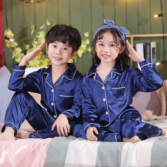 Blue Satin Silk Pajamas Sets For Teen Girls Boys Pyjamas Long/Short Sleeve Top Pants Pijama Set Autumn Kids Sleepwear Child Pjs - LESSANA