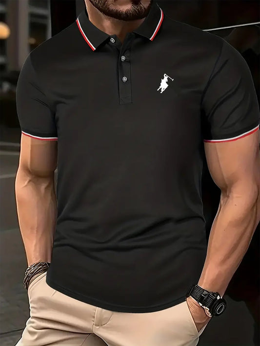 Breathable Regular Fit Horseman Pattern Golf Shirt, Men's Casual V-Neck T-Shirt Short Sleeve For Summer, Men's Clothing - LESSANA