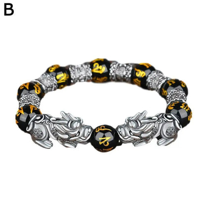 Bring Lucky Brave Wealth Men Black Obsidian Stone Buddhism Six Words Legendary Bead Bracelet Amulet Jewelry - LESSANA