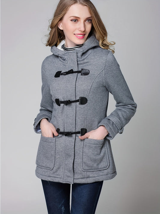 Buckle Front Solid Hooded Coat, Casual Long Sleeve Winter Warm Outerwear, Women's Clothing - LESSANA