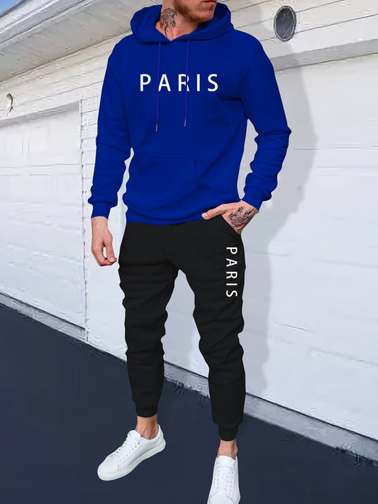 Casual 2pcs Set, Men's "Paris" Print Hoodie & Drawstring Sweatpants Matching Set For Fall Winter - LESSANA