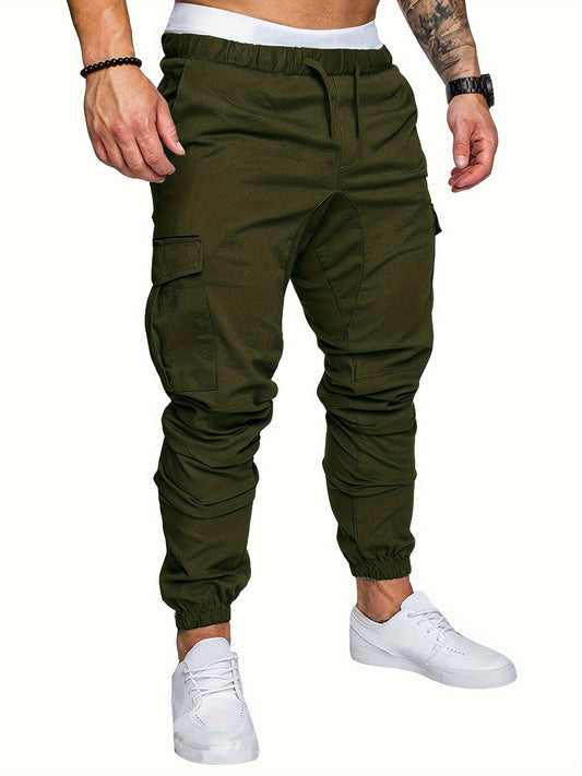 Casual Side Flap Pockets Drawstring Woven Joggers, Men's Cargo Pants For Spring Fall Outdoor - LESSANA