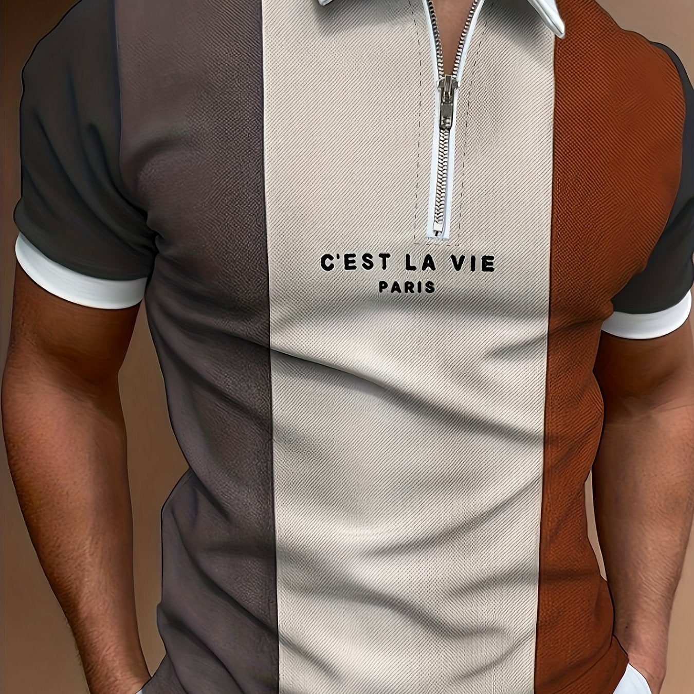"C'EST LA VIE" Letter Pattern Print Men's Casual Color Block Short Sleeves Zipper Graphic Shirts, Lapel Collar Tops Pullovers, Men's Clothing For Summer - LESSANA