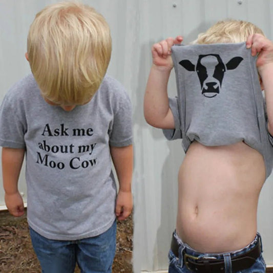 Children Letter Ask Me About My Moo Cow Print T Shirts Funny Animal Cow Inside Short Sleeve Tshirt Baby Kids Boys Cool Tops Tees - LESSANA