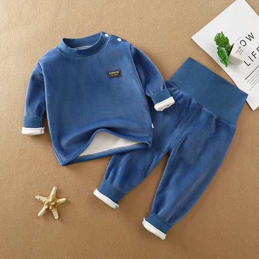 Children's thermal underwear set autumn and winter baby plus velvet thick high waist warm baby long sleeve trousers baby suit - LESSANA