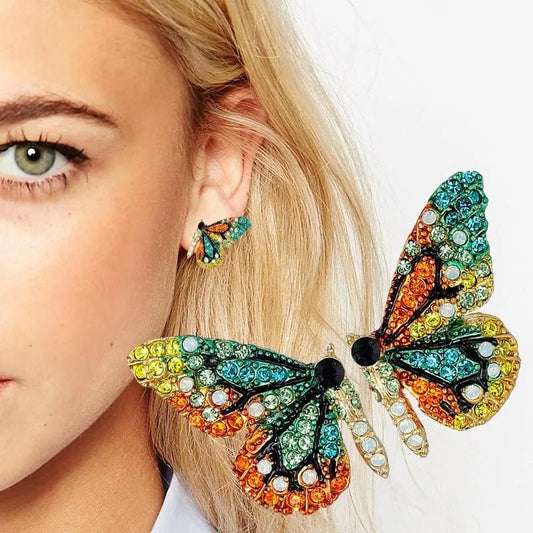 Color Butterfly Wing Earrings 925 Silver Needle Inlaid Rhinestone Personality Earrings Girl Student Fashion Earrings Jewelry - LESSANA